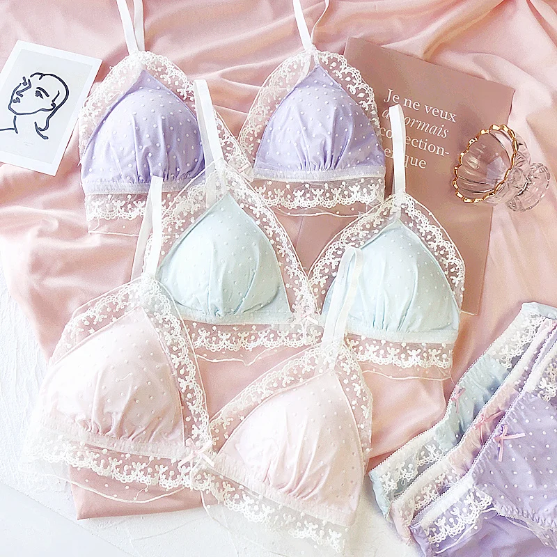 

Wriufred Embroidered Lace Fairy Women Bra Sets Soft Cup Plus Size Lingerie Set Ultra-thin Bralette Wire Free Dot Underwear Sets