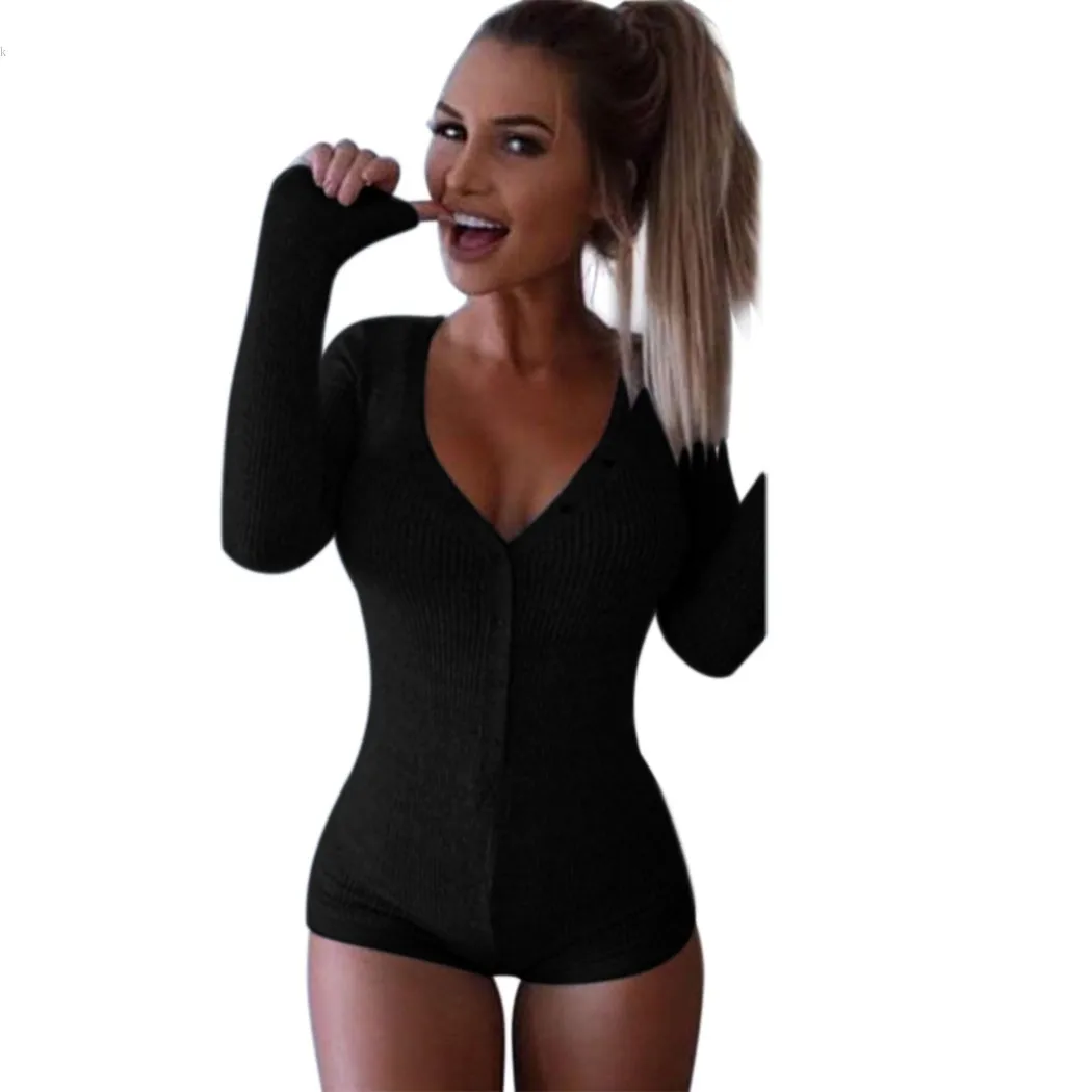 Sexy v neck black jumpsuit romper Women tops elastic slim long sleeve