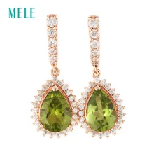 MELE Natural peridot silver earring, rose gold plated, pears 7mm*10mm,August birthstone , yellow-green color, for elegant ladies