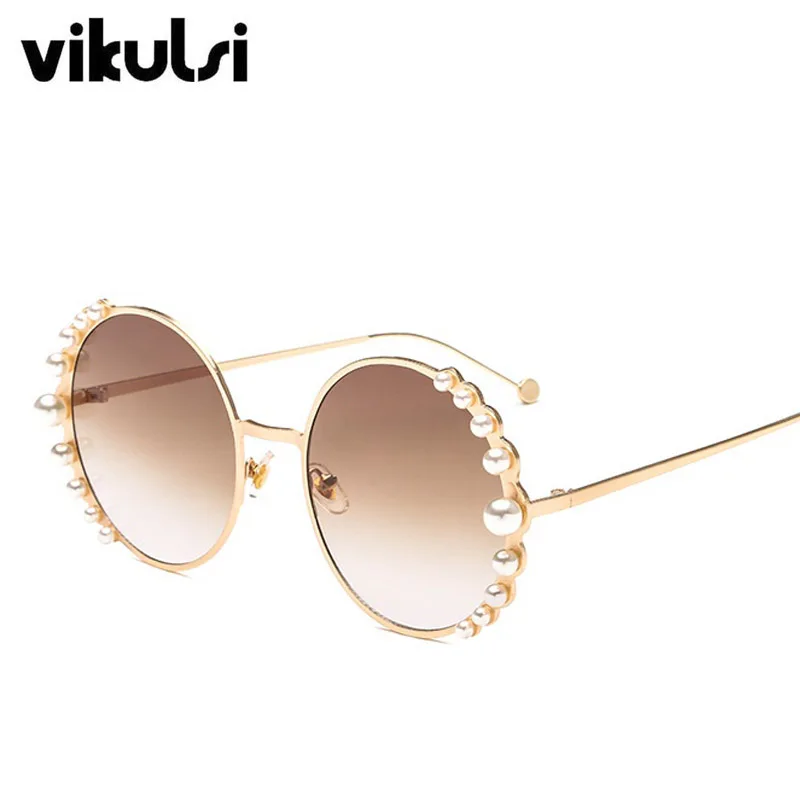 Luxury Beads Round Sunglasses Women Fashion Alloy Frame Brand Pearls Designer Sun Glasses For Female Brown Shades UV400 New