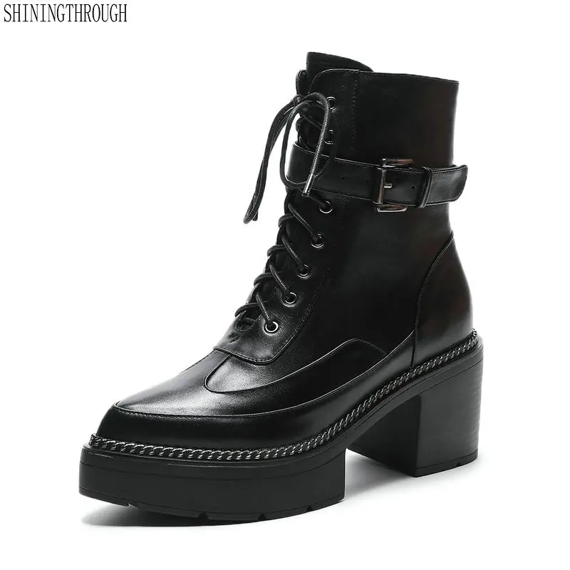 

Fashion Women Ankle Boots Autumn Winter Warm Genuine Leather High Heels Shoes Woman pointed Toe Cross-tied Motorcycle Boots