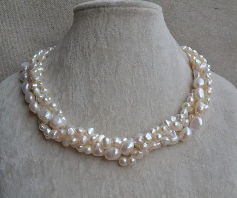 Очаровательное барокко жемчужное ожерелье 4 ряд AA 6-12 мм белый цвет подлинный пресноводный жемчуг ожерелье 18 дюймов