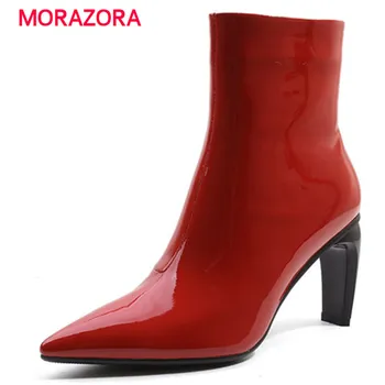 

MORAZORA big size pointed toe super high heel genuine leather boots autumn winter zipper ankle boots fashion square heel boots