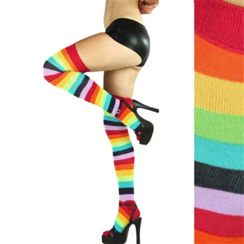 

Sexy Women Cable Extra Long Boot Over Knee Halloween Thigh High School Girl Rainbow Stripe Stocking
