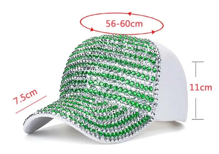 Блестящая женская бейсбольная кепка женская шапочка с блестками сетка Выходная шляпа тысячи бриллиантов белая зеленая точка Алмаз хлопок Бейсболка