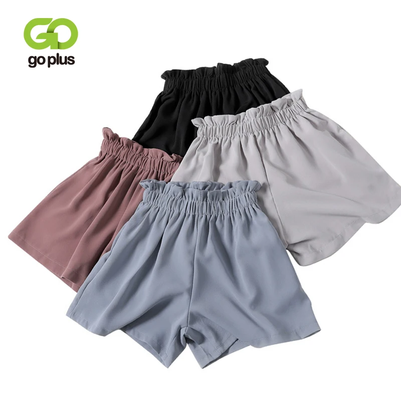 

GOPLUS Summer Shorts Womens Vintage High Elastic Waist Ruffles Black Short Pants Women Loose Leg Spodenki Damskie Streetwear