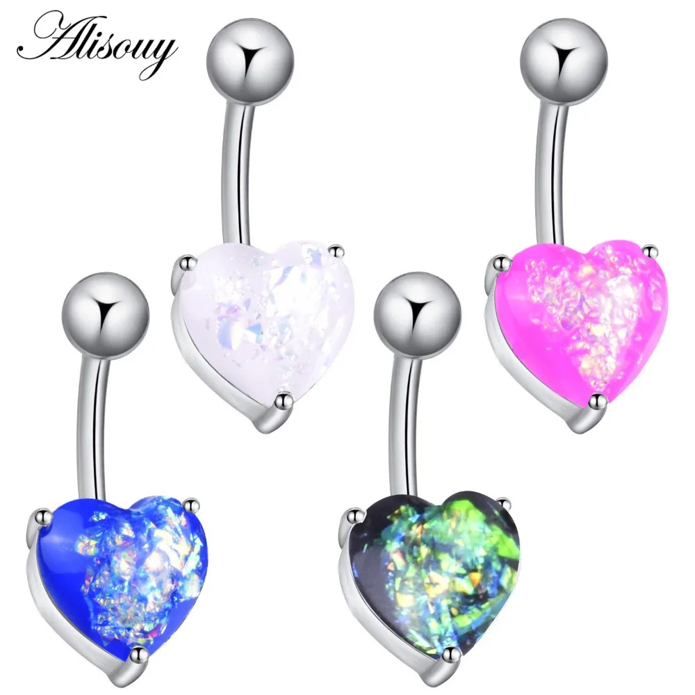 

Alisouy 1PC Anti Allergy Navel Belly Button Rings Heart Opal Stone stainless steel Navel Rings Body Piercing omblingo Jewelry