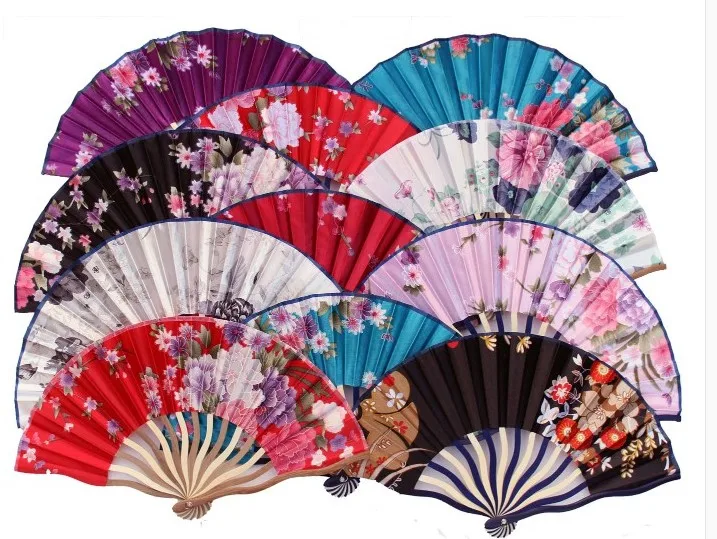 Colorful Chinese Bamboo Folding Hand Fan Silk 100 pcs Women Flower Fabric Fan for Wedding Favor