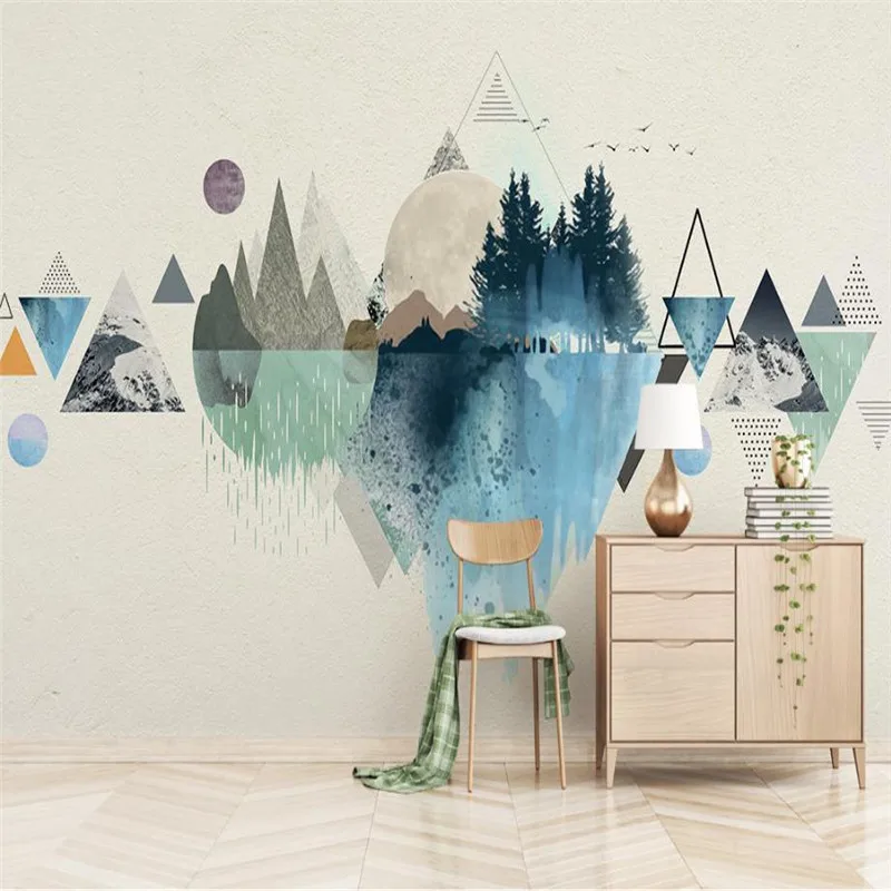 

Modern Simplicity Nordic Landscape Sun Wallpaper Geometric Triangle Television Background Wallpaper Gray System Home Decor