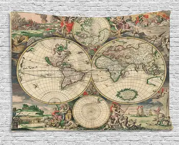 

Vintage Tapestry Ancient Antique Old Aged Map of the World Historical Geography Theme Retro Design Wall Hanging for Room