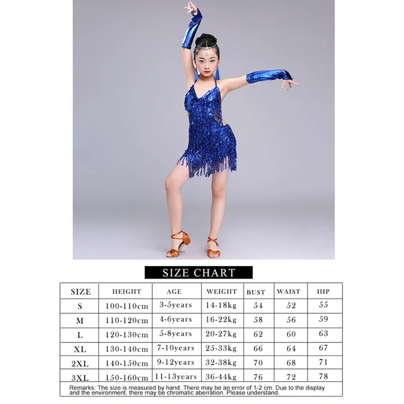 Детское профессиональное бальное платье с бахромой для латинских танцев, платья для бальных танцев для девочек, красные детские платья с бахромой и блестками - Цвет: Синий