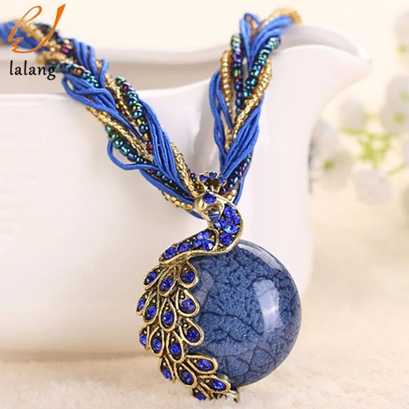 

Peacock Necklace Twisted Beads Chain Pendant Necklace Bohemian ethnic style peacock necklace sweater chain