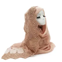 2019 женский однотонный хлопковый кружевной шарф с жемчужинами, голова хиджаб, сплошное покрытие, шали из фуляра, femme, повязка на голову