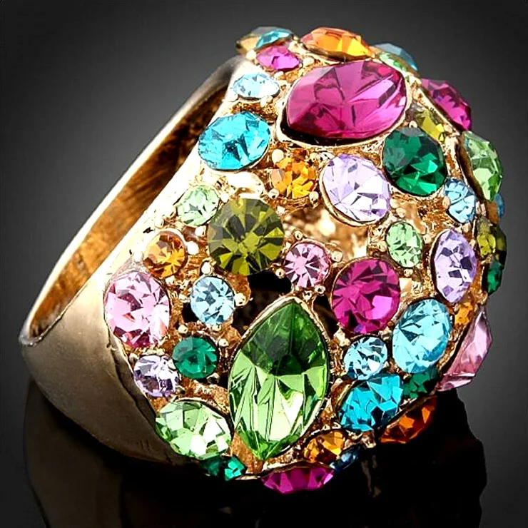 

New Arrival Unique Design Gold Color Finger Rings For Female Wedding Party With Colorful Crystal Bijouterie