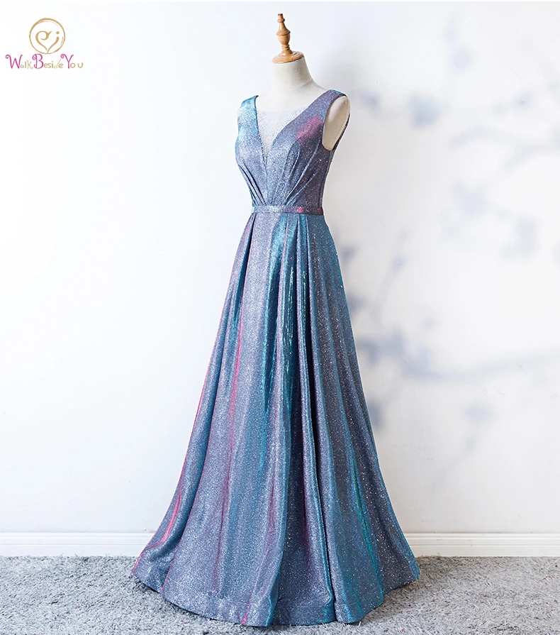 

Bling Prom Dresses Sheer Neck Light Blue A-line Long Crystal Evening Gowns Formal vestido de graduacion Glitter Prom Dress robes