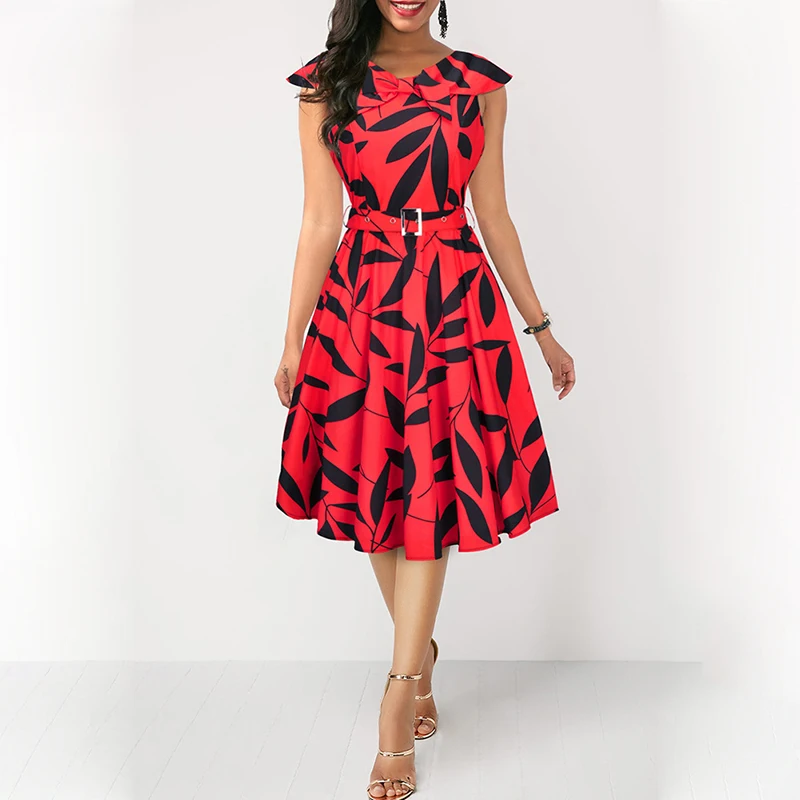 

ZYFPGS brand 2019 summer women's navy neck high waist medium length style dress bohemian print flower orange black red dress