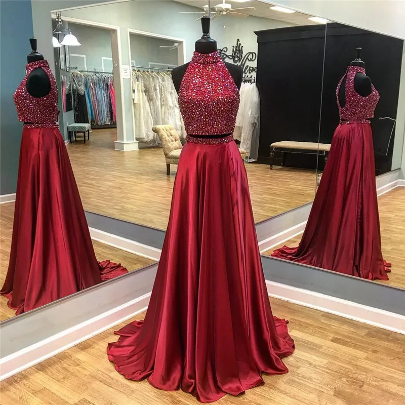 

Stunning Sequined Beading 2 Pieces Gown Burgundy vestido de festa Halter Heavy Crystals by Hand Silk Satin Long prom dress women
