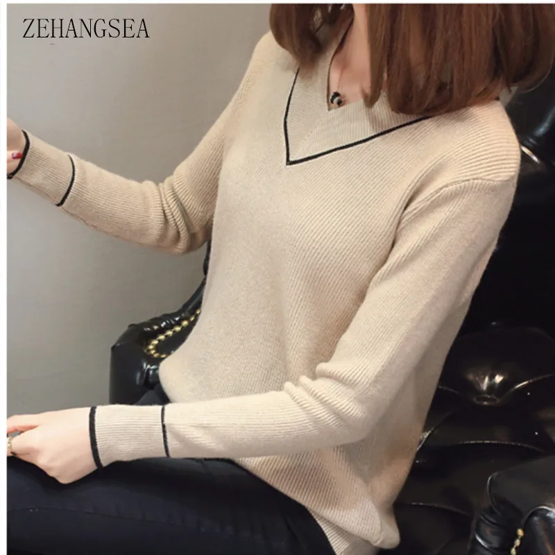 ZEHANGSEA spring and autumn new wool ladies large size V-neck sweater pullover fashion color matching shirt bottoming shirt coat ZEHANGSEA spring and autumn new wool ladies large size V-neck sweater pullover fashion color matching shirt bottoming shirt coat