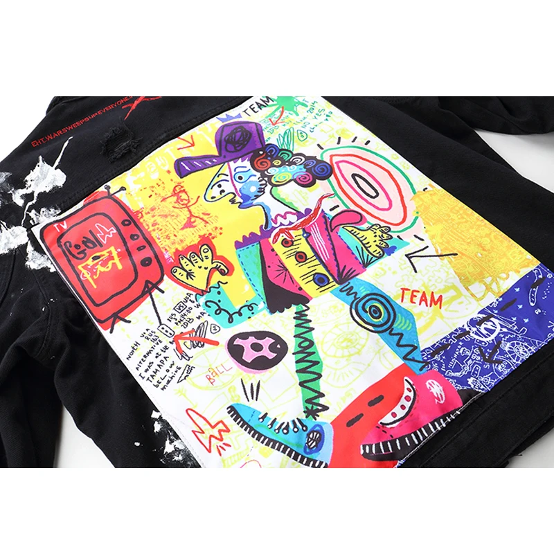 Джинсовая мужская куртка в стиле хип-хоп с аппликацией в виде темных икон граффити,, джинсовая куртка с отложным воротником, Мужская Уличная одежда