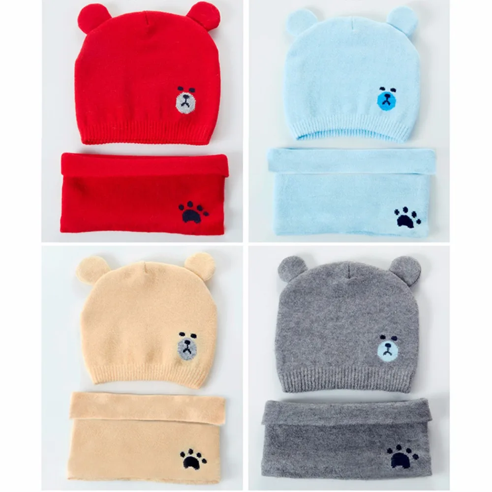 Puseky 2 шт./компл. модные шапки для новорожденных вязаная теплая медведь круглый машина Кепки защищает шапка с ушками для малышей Зимние Кепки s+ наборы с шарфом