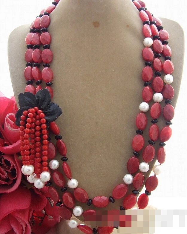 

FREE SHIPPING>@@> 1114 3strds Red jade&coral&pearl Necklace