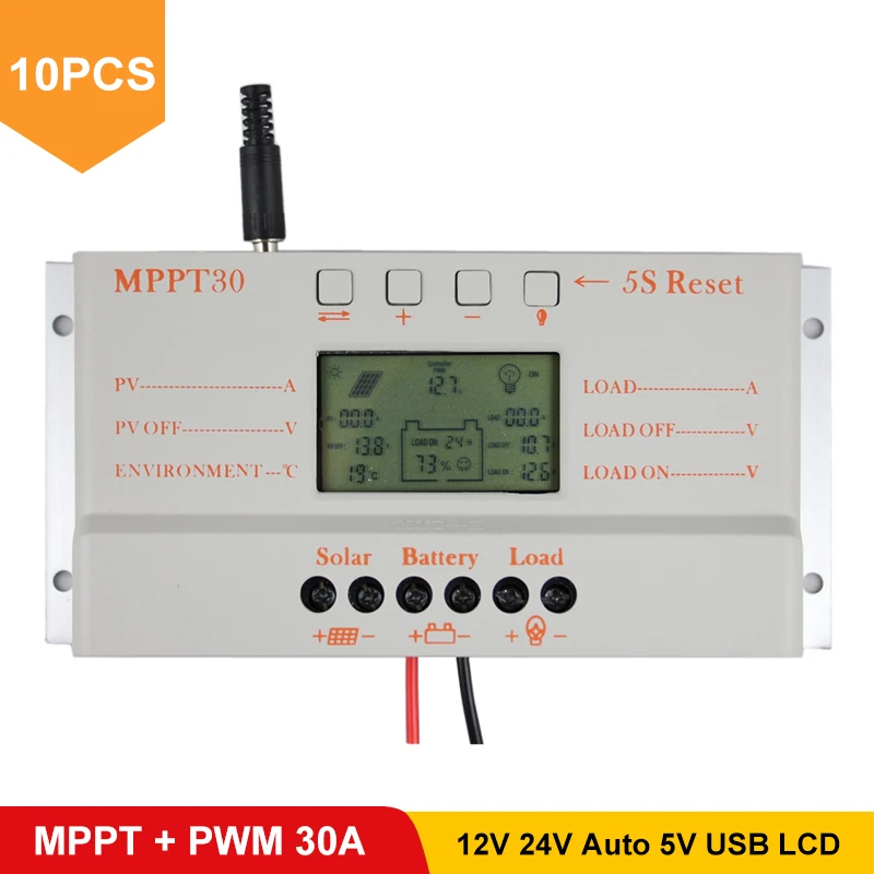 10 шт./лот MPPT 30A Солнечный контроллер 12 В 24 В автоматическая работа USB 5 В солнечная панель Батарея ЖК-зарядное устройство контроллер MPPT30 30 Ампер