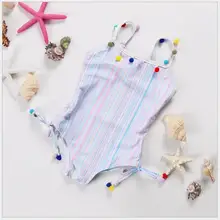 Для маленьких девочек милые полосатые помпонами купальники Цельный купальник для малышей пляжная одежда для праздника для маленьких девочек Купальники