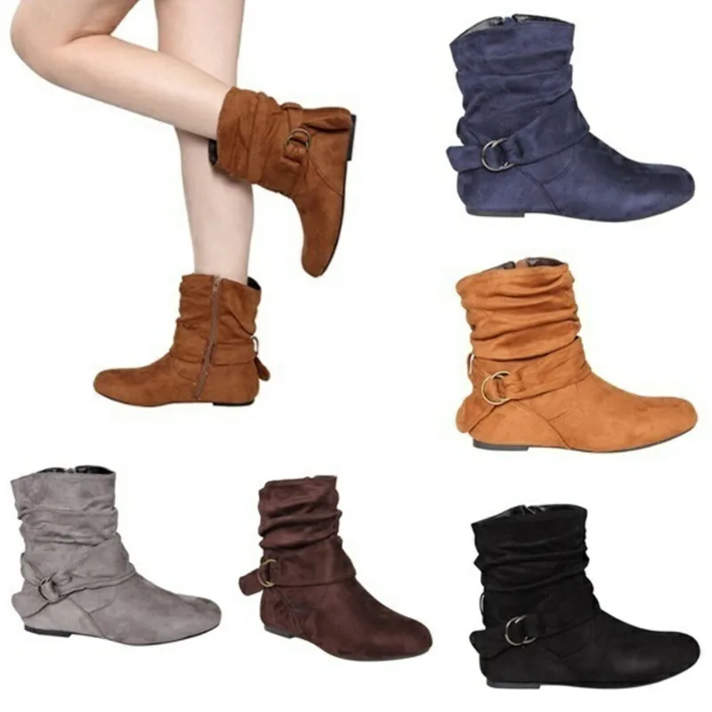 

Women's Spring Autumn Design Buckle Strap Ankle Boots Women Lady Flat Heels Nubuck Zip Riding Snow Boots Shoes Plus Size 35-43