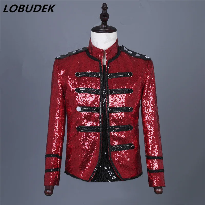 

Band Costume Men's Rock Roll Red Sequins Jacket Double-breasted Slim Jackets Trendy Slim Nightclub DJ Singer Host Costume