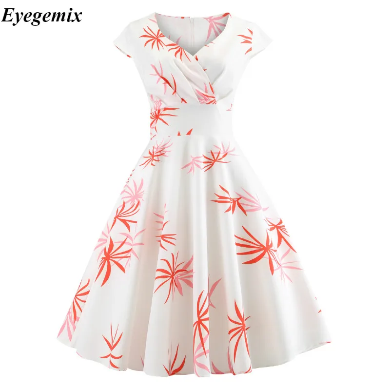 Офисное винтажное платье миди с цветочным принтом для женщин Новая мода с v-образным вырезом с коротким рукавом летние платья повседневные vestidos mujer - Цвет: 2