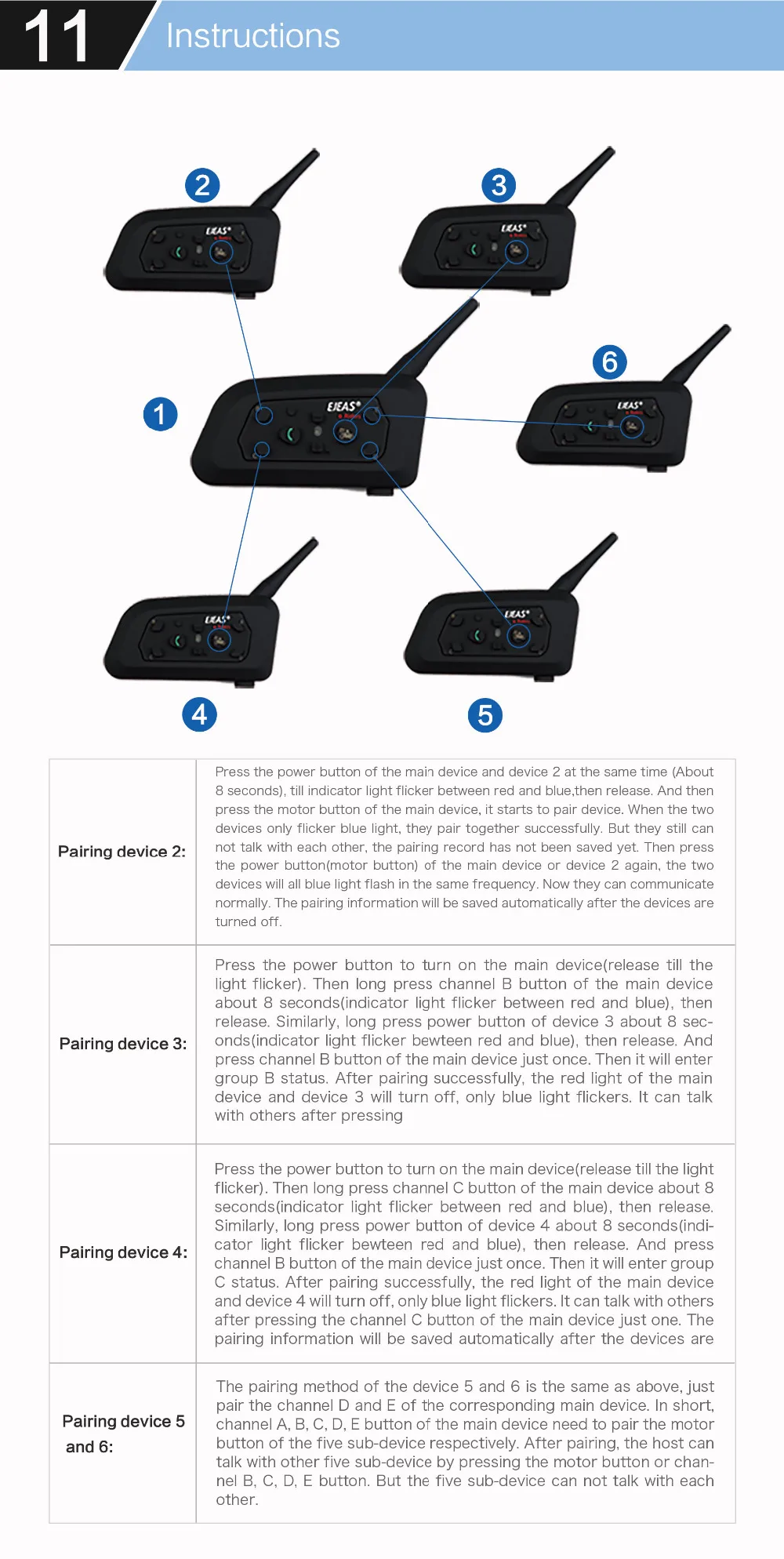 EJEAS V6 Pro Интерком шлем Bluetooth гарнитура 850 мАч Intercomunicador микрофон металлический зажим MP3 gps 1200 м для 6 гонщиков