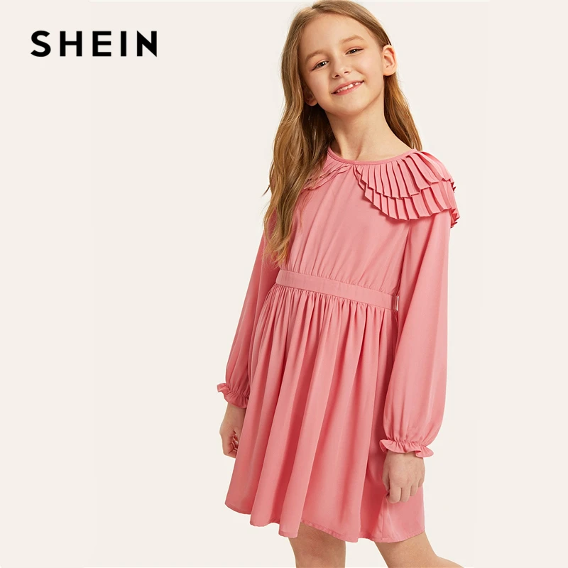 

SHEIN Kiddie Pink Layered Pleated Ruffle Korean Children Short Girls Dress 2019 Summer Long Sleeve A Line Kids Dresses For Girl