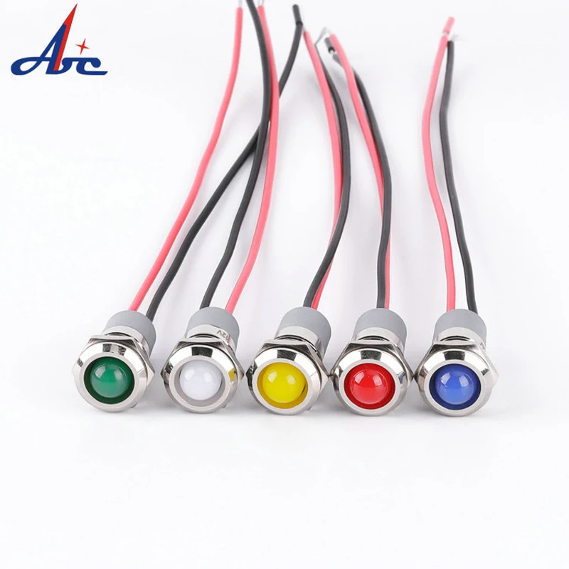 

12mm Domed Chrome Enclosure Signal Lamp 12V 24V Metal Indicator Pilot Light Dot LED Iluminated 15cm Wire Lamp