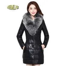 Зимнее пальто из натурального меха лисы с воротником из овчины Новое модное однотонное высококачественное удобное женское кожаное пальто LH48