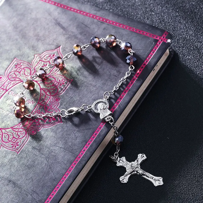 Fashion bracelet bangle with acrylic beads Saint Virgin Maria Jesus Christ cross suspension pendant chain for women charms jewel|bracelet