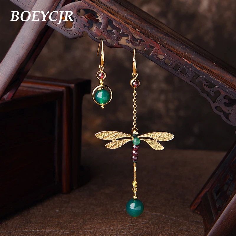 Günstig BOEYCJR Ethnische Vintage Libelle Stein Perle Asymmetrische Baumeln Ohrringe Modeschmuck Tropfen Haken Ohrringe Für Frauen Geschenk
