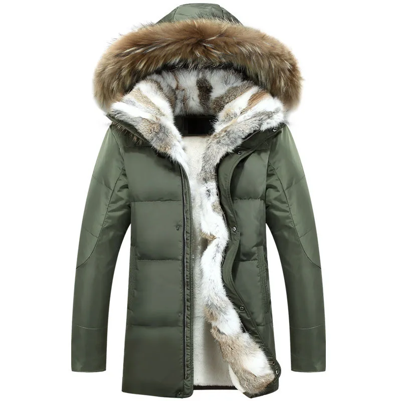 Зимняя мужская куртка, хлопковое пальто, мужская куртка, утолщенная, теплая, кроличий мех, воротник, мех енота, с капюшоном - Цвет: Зеленый