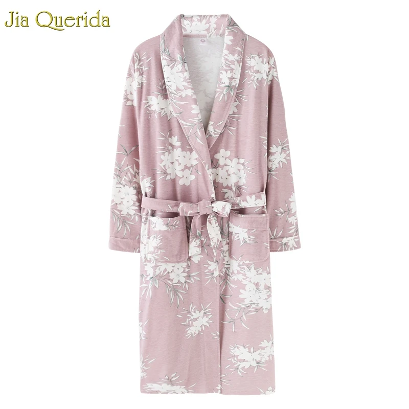 

J&Q New Arrival Bathrobe Ladies Gown Nightie Robe Plus Size Cotton Pyjamas Long Sleeves Floral Sleepwear Pink Robes For Female