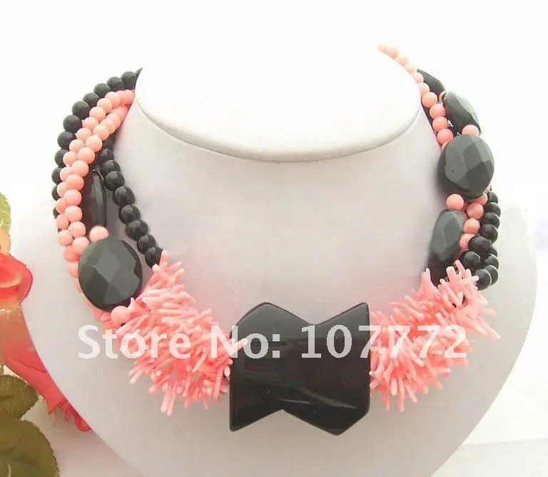 

NEW !! Black Onyx&Pink Coral Necklace Free+shippment