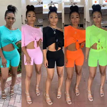 

2019 Solid Color Women Fashion Casual Bow Umbilical Half Sleeve Tshirt Top and Slim Hot Pants Two-piece 6 Colors to Choose Q5102