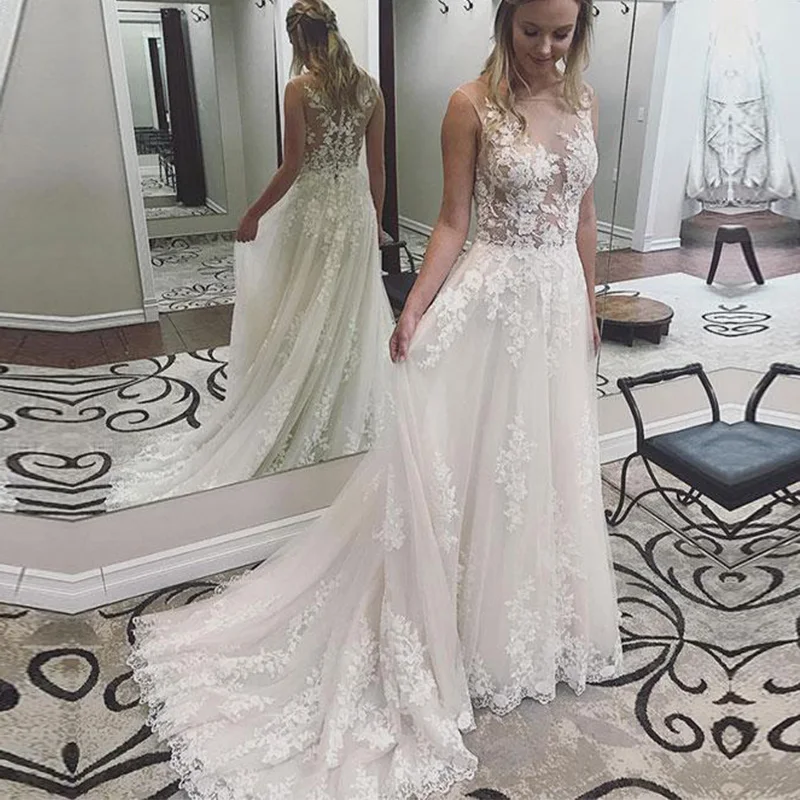 

Vestido Casamiento Wedding Dress Lace Appliques A line Sleeveless See Through Bodice Wedding Gown Vestido De Noiva Floor Length