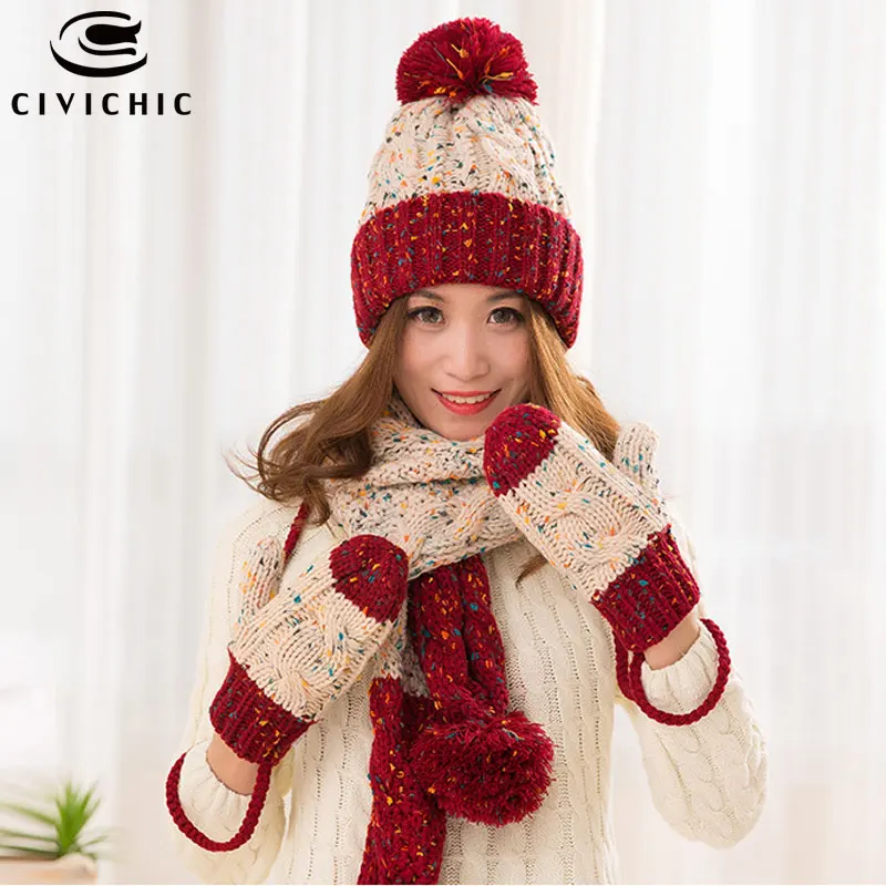 CIVICHIC, Женский Теплый комплект, вязаная шапка, шарф, перчатки, женские зимние шапки с помпоном, толстая повязка на голову, разноцветная шаль, варежки ручной работы SH168