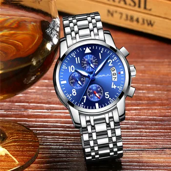 

Sliver Blue Watches Brand Luxury Chronograph Fashion Quartz Watch Men Full Steel Waterproof Sport Watch Clock Relogio Masculino