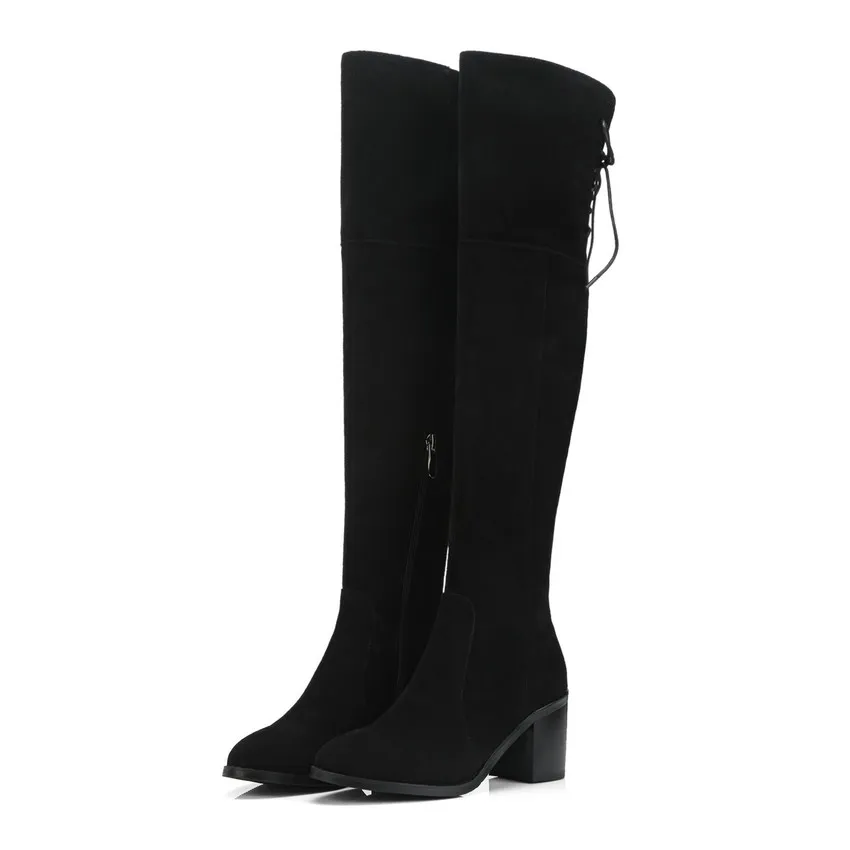 2019 Plate Grand Carré Noir D'hiver Haut Talon Genou Le 39 forme Taille Chaussures Mode 34 Bottes Sur Qutaa Suède De Femmes Vache dqdTZ1P