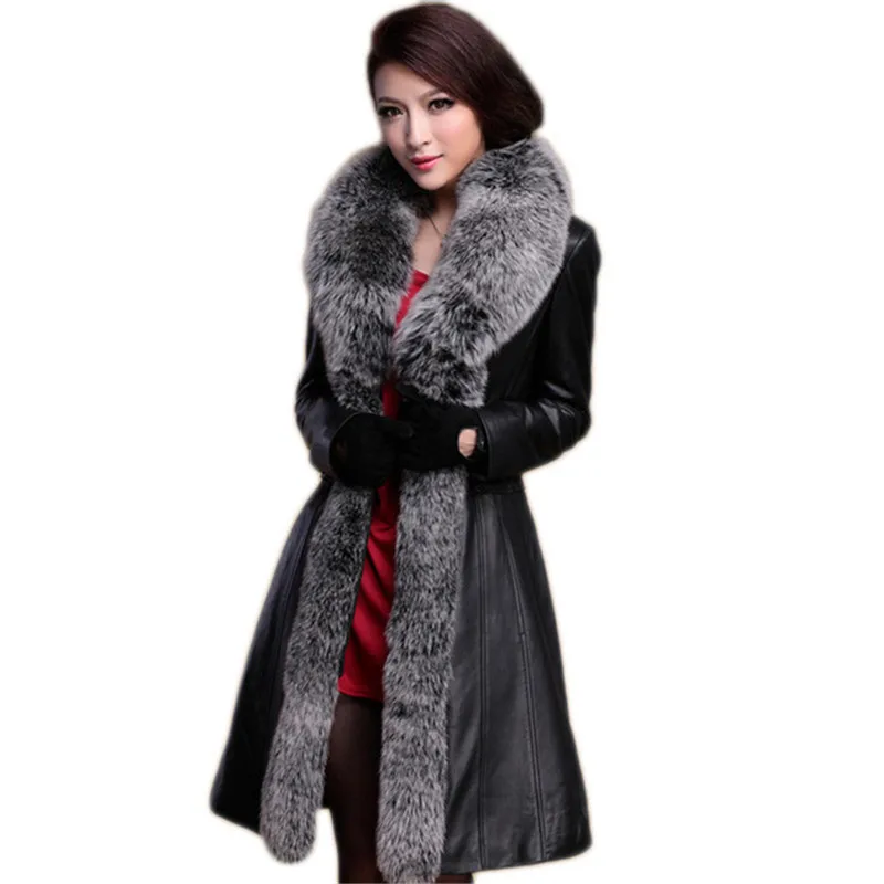 

Plus Size 5XL Winter Women Fox fur Down Jacket Coats 2018 High grade Slim Black Temperament Long Leather Jacket Warm Outerwear