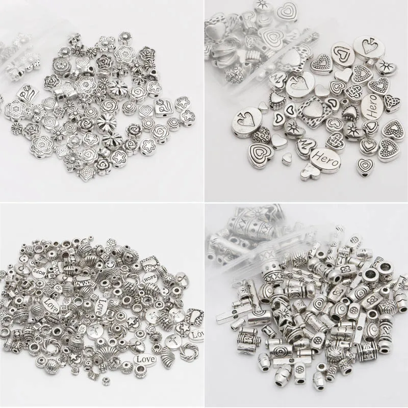

60/70/80/100pcs pcsMixed Size Tibetan Silver Face letter Metal Spacer Beads For Needlework Fit Charm Bracelet Jewelry Making Diy