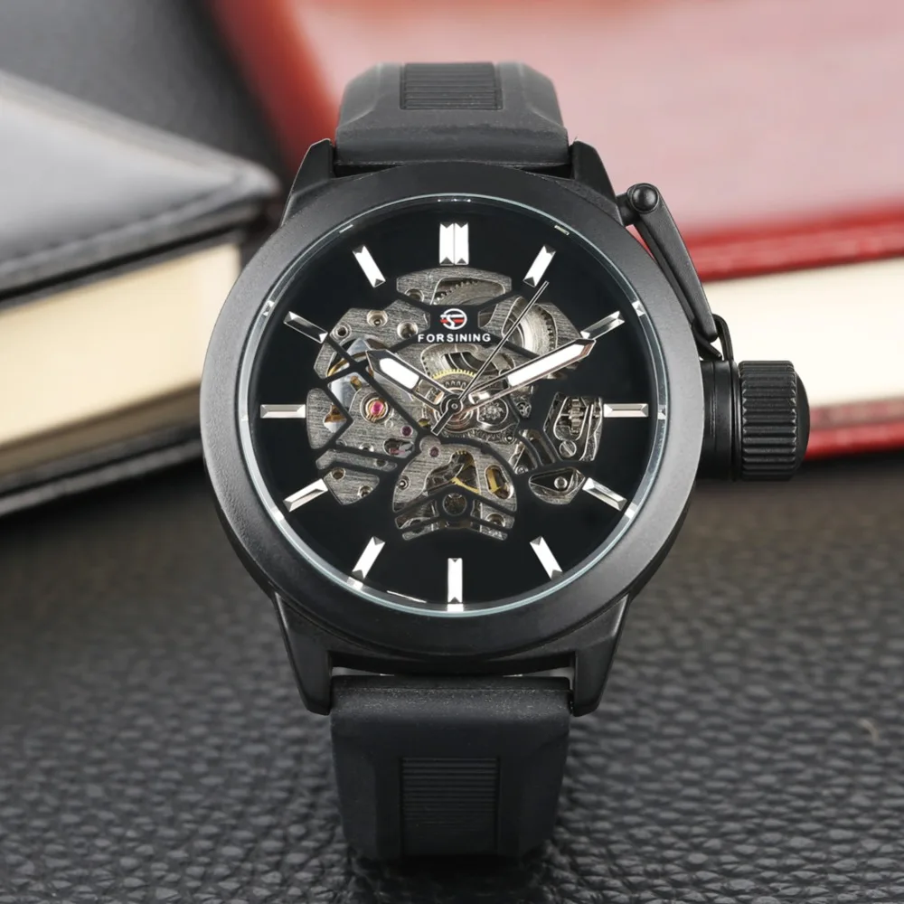 Trendy Mechanical Watch for Men Silicone Strap Sport Automatic Skeleton Mechanical Business Watches Creative Gift for Teenagers