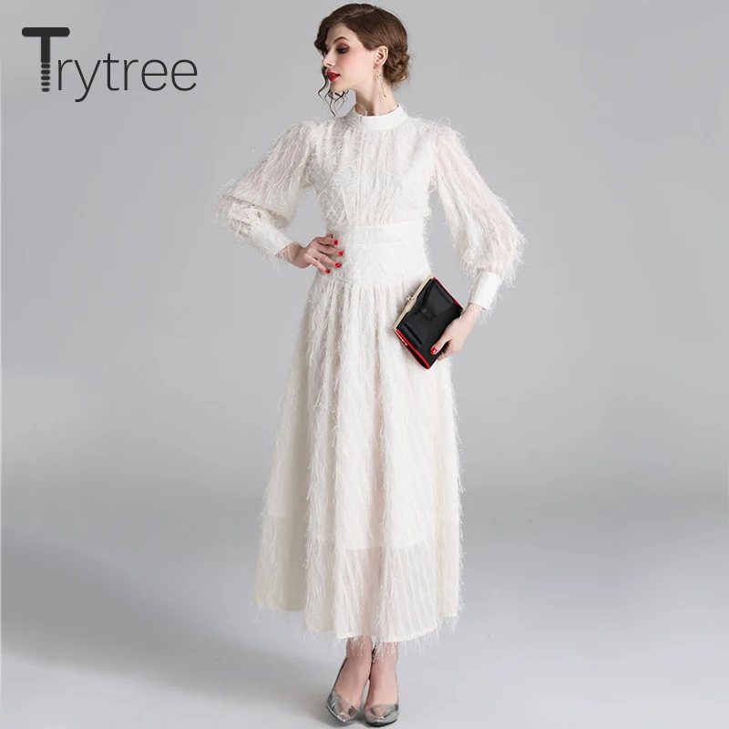 Осеннее Элегантное повседневное однотонное платье Trytree с бахромой женские