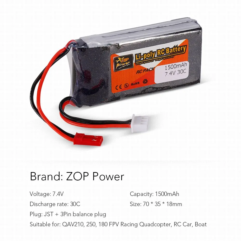 ZOP мощность Липо Батарея для 2 S 7,4 V 1500 mah 30C JST для QAV250 H210 LS180 FPV гонки RC Quadcopter автомобилей Лодка