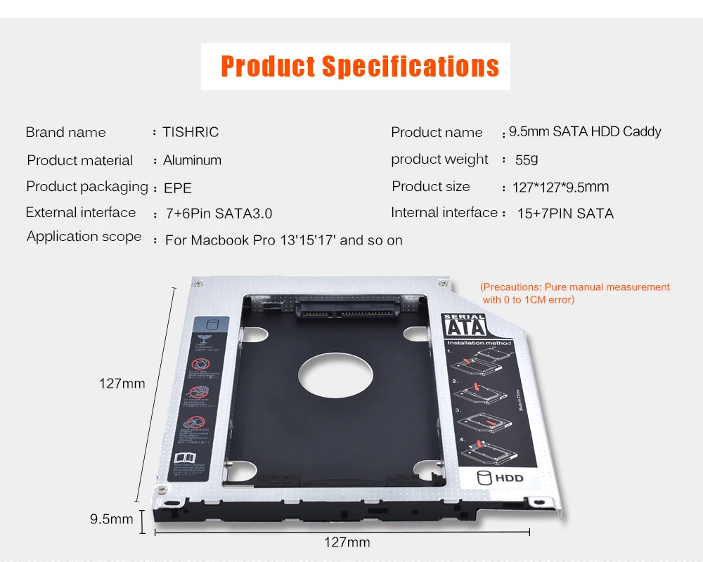 TISHRIC для Macbook Air Pro 1" 15" 1" SuperDrive Оптический отсек 2nd HDD Caddy 9,5 мм SATA 3,0 SSD чехол Корпус для HDD Optibay